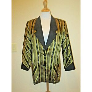 Thai Silk Jacket Blazer Shoulder Pads Gold Black Long Line Size Medium